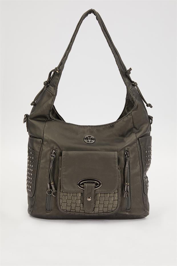 Gri Yanları Zımbalı Omuz Çantası