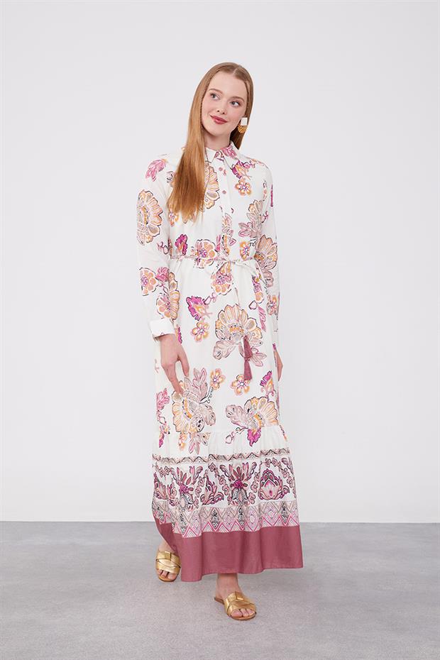 Gül Gömlek Yaka Beli İp Detaylı Elbise