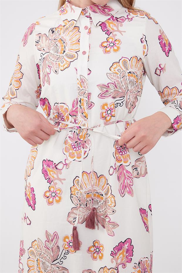 Gül Gömlek Yaka Beli İp Detaylı Elbise