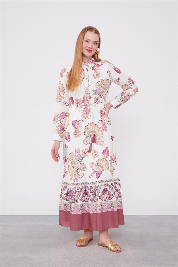 Gül Gömlek Yaka Beli İp Detaylı Elbise