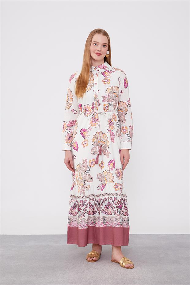 Gül Gömlek Yaka Beli İp Detaylı Elbise