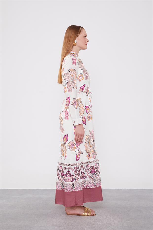 Gül Gömlek Yaka Beli İp Detaylı Elbise