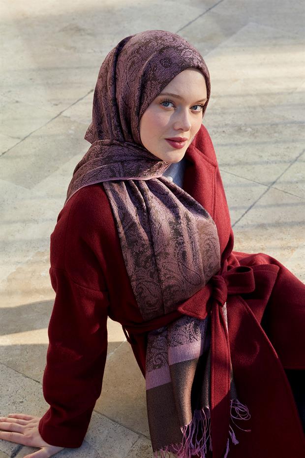 Gül Kurusu Püsküllü Etnik Kaşmir İpek Şal