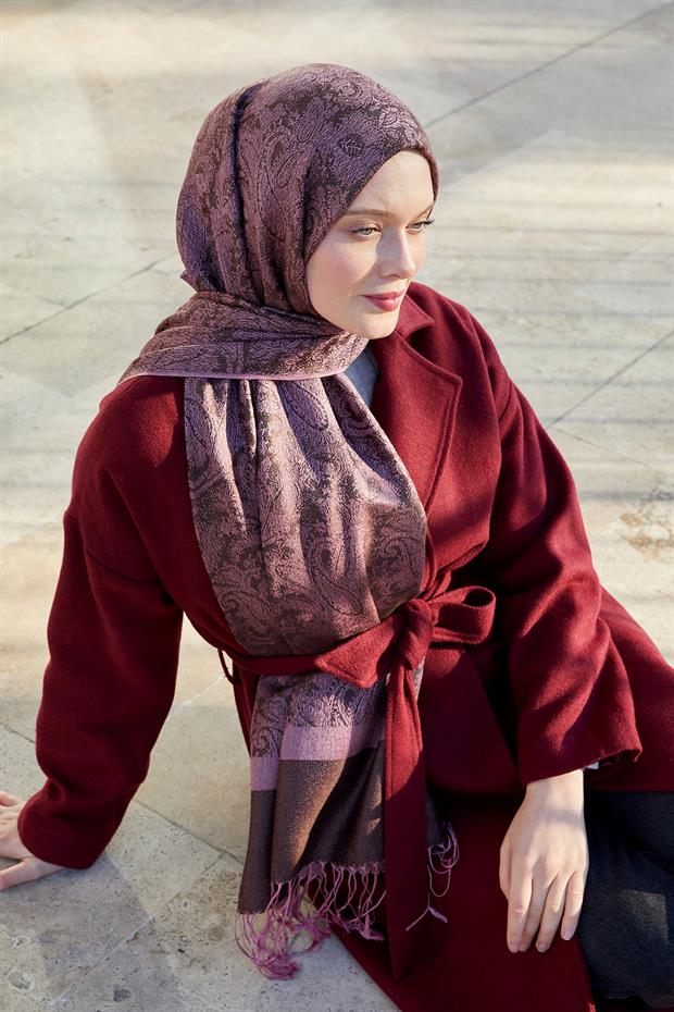 Gül Kurusu Püsküllü Etnik Kaşmir İpek Şal