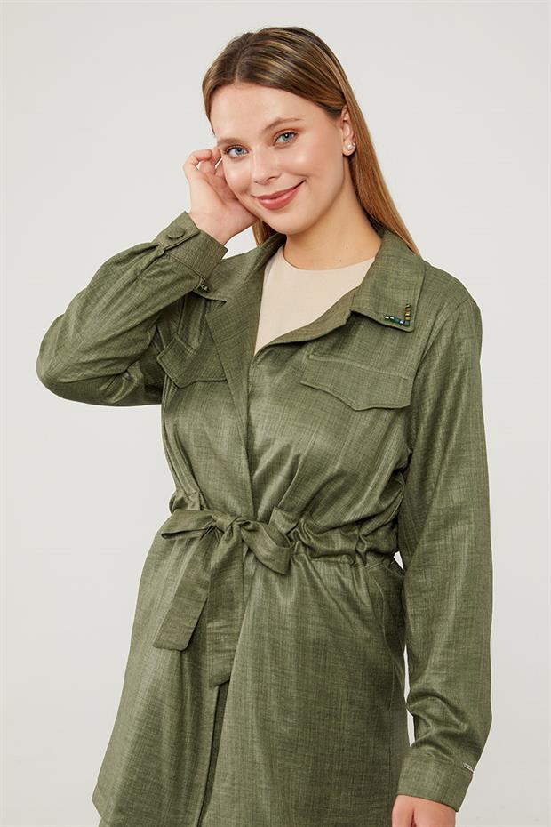 Haki Yakası Taş İşlemeli Ceket Takım