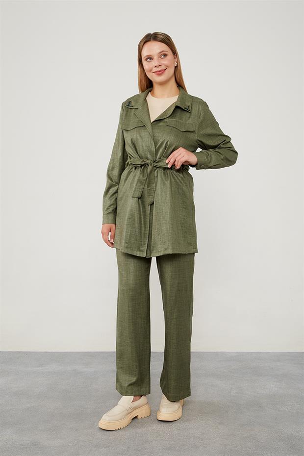 Haki Yakası Taş İşlemeli Ceket Takım