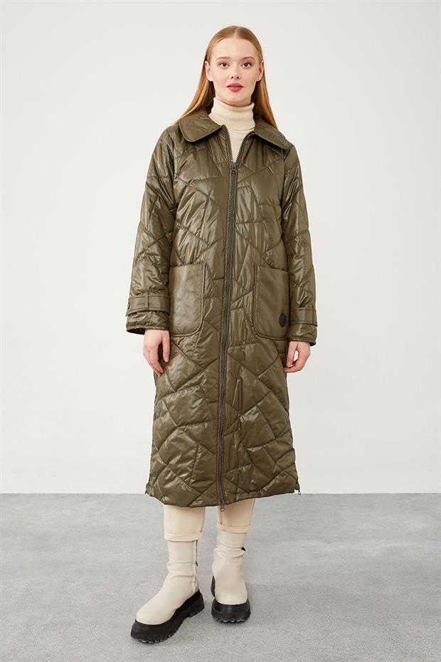 Haki Geniş Yaka Kapitone Mont