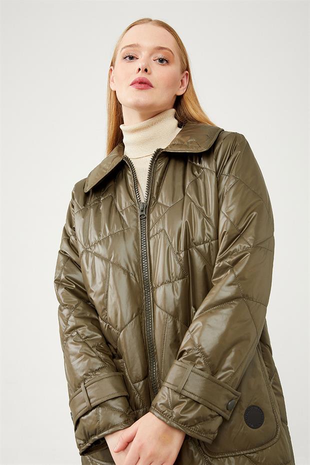 Haki Geniş Yaka Kapitone Mont