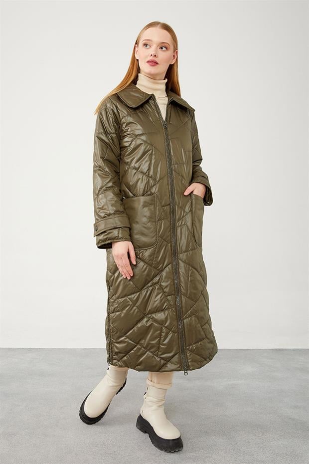 Haki Geniş Yaka Kapitone Mont