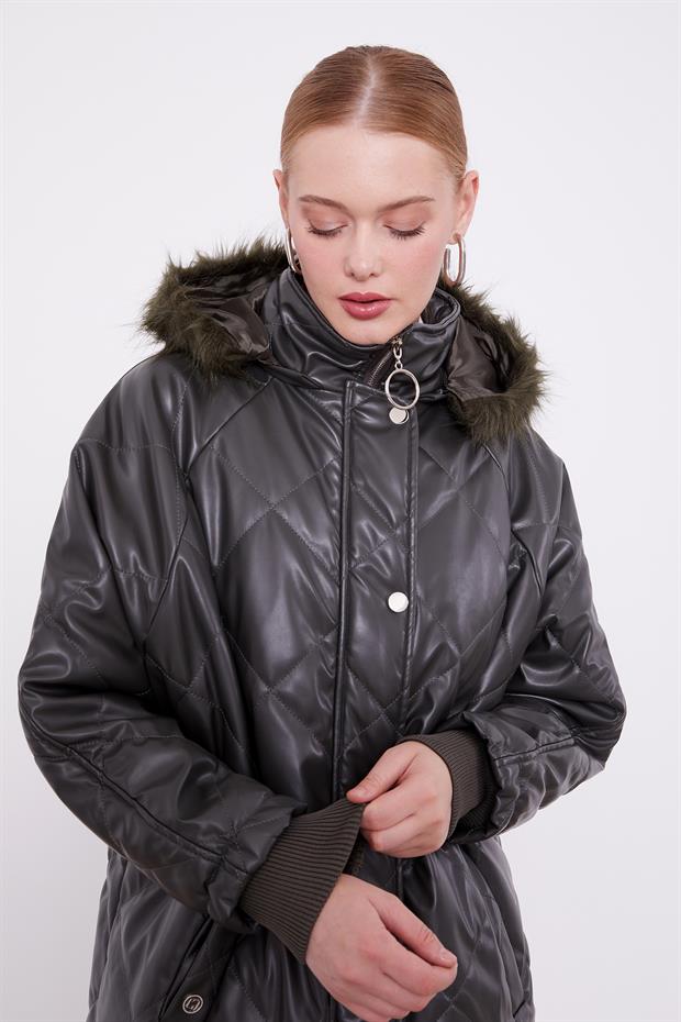 Haki Kapitone Kapüşonlu Mont