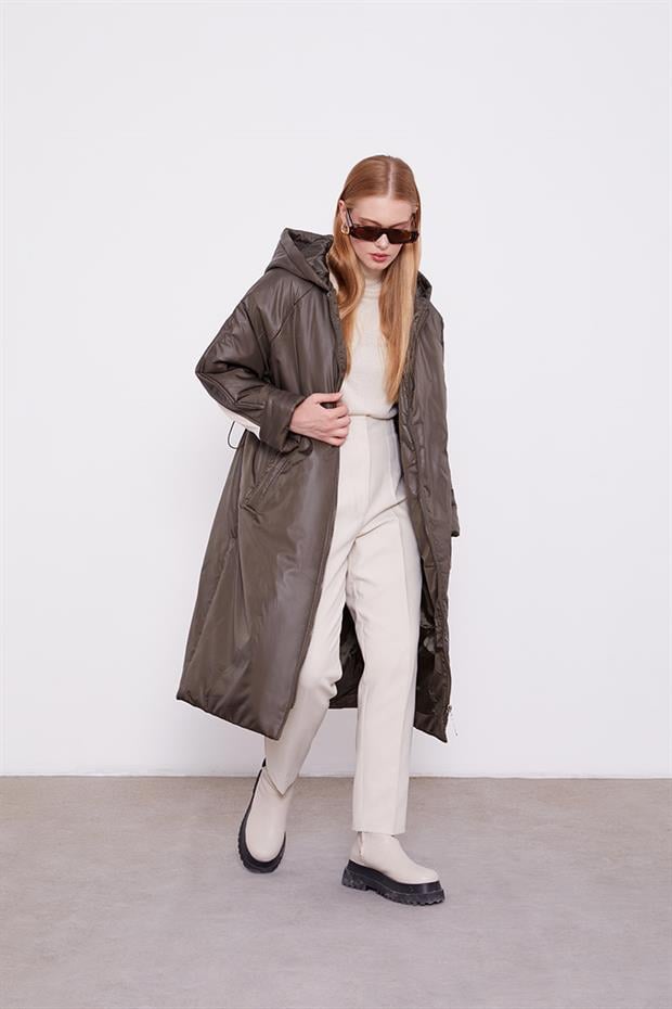 Haki Kolları Ribana Detaylı Uzun Mont