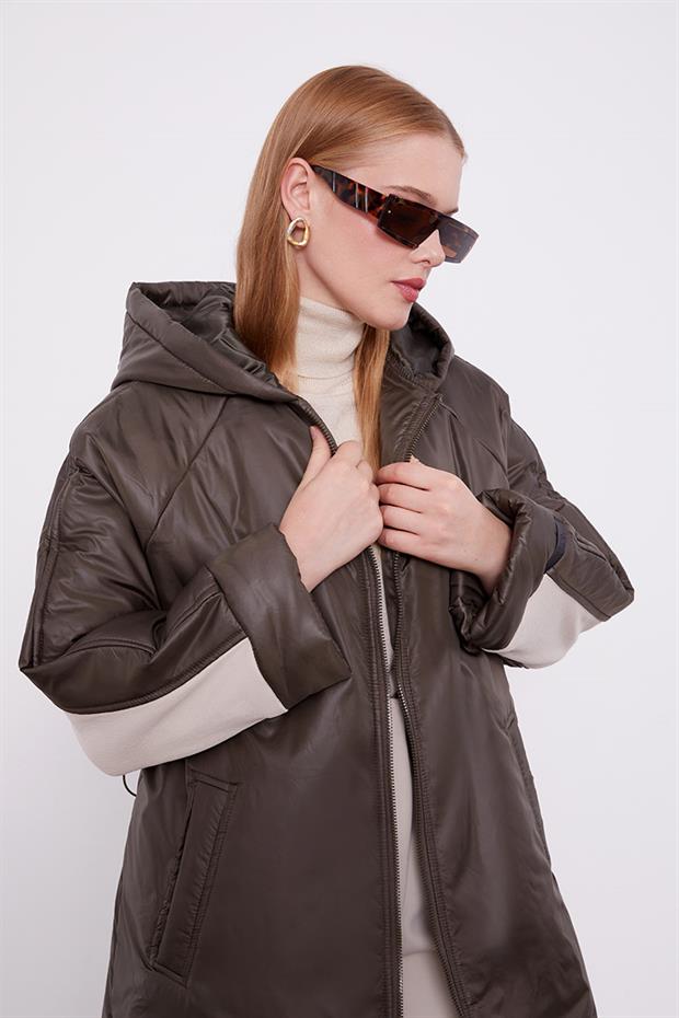 Haki Kolları Ribana Detaylı Uzun Mont