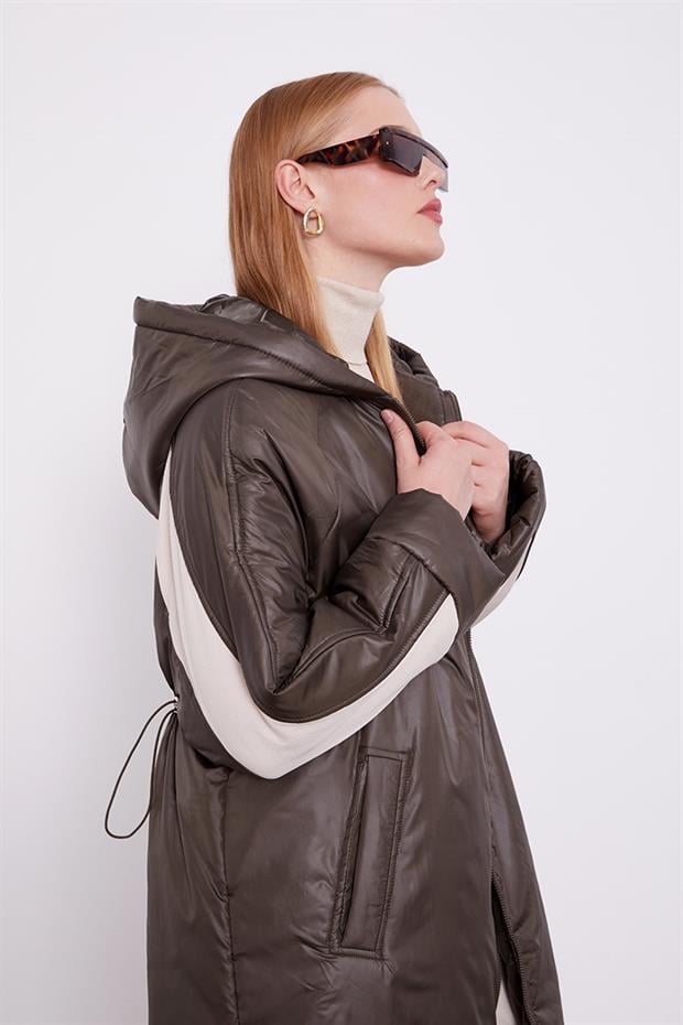 Haki Kolları Ribana Detaylı Uzun Mont