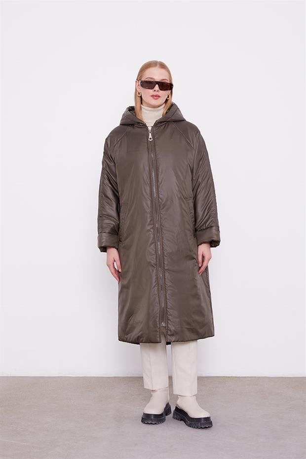 Haki Kolları Ribana Detaylı Uzun Mont