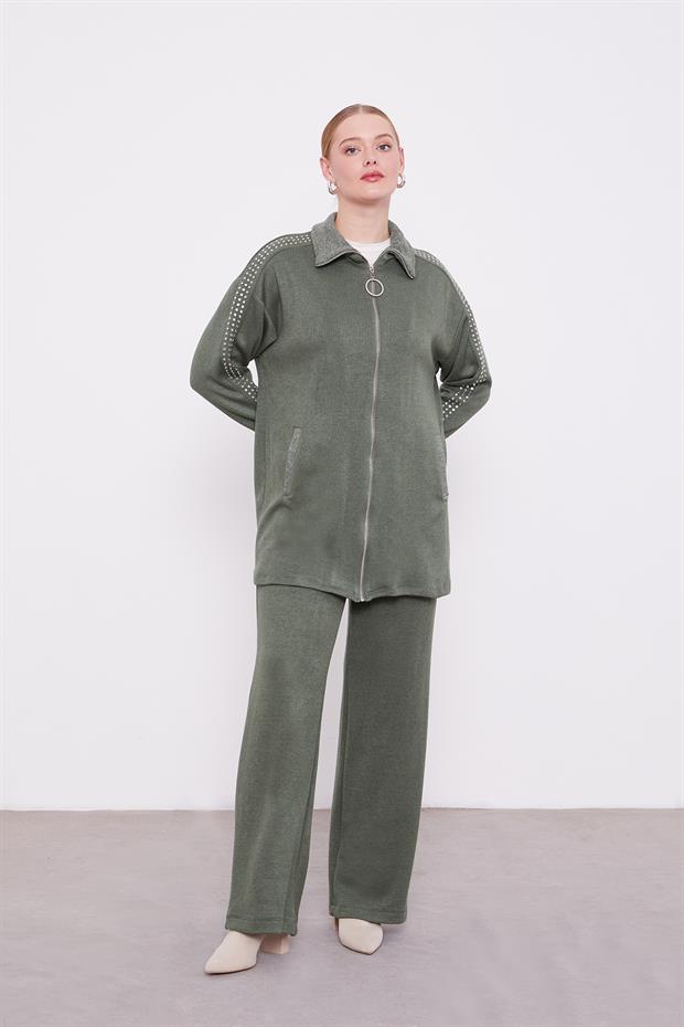 Haki Kolları Taş İşlemeli Kaşmir İkili Takım