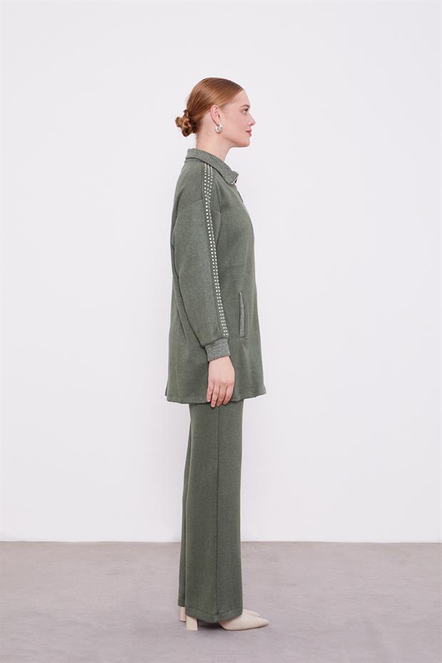 Haki Kolları Taş İşlemeli Kaşmir İkili Takım