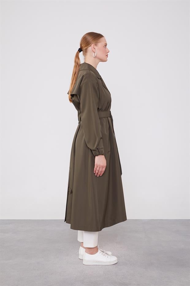 Haki Kolu Lastik Detay Trençkot