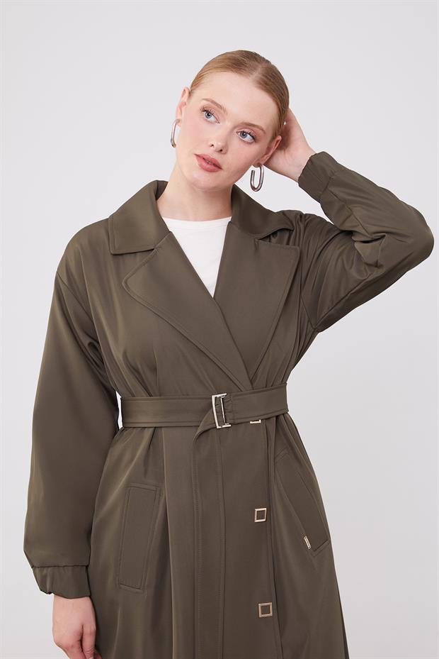 Haki Kolu Lastik Detay Trençkot