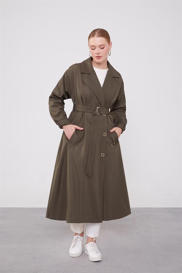 Haki Kolu Lastik Detay Trençkot