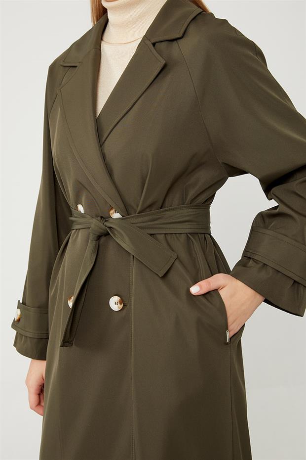 Haki Midi Boy Kuşaklı Trençkot