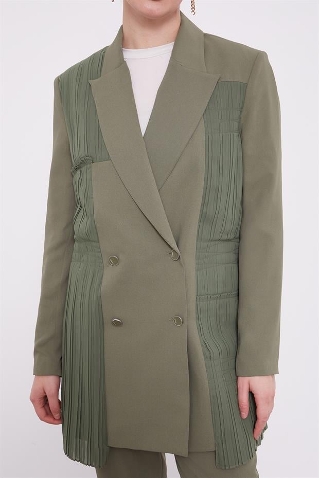 Haki Plise Şifonlu Ceket Takım