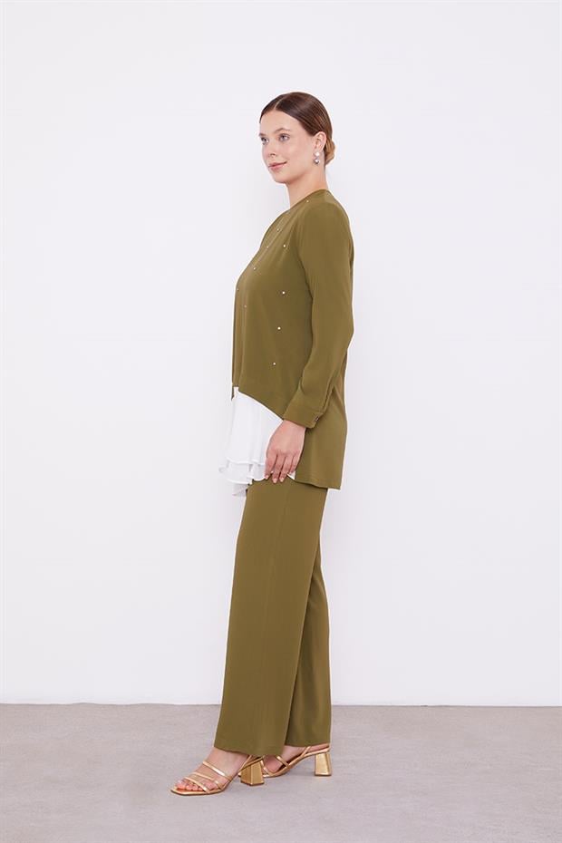Haki Şifon Detaylı Tunik Takım