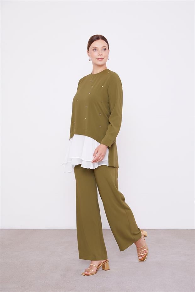 Haki Şifon Detaylı Tunik Takım