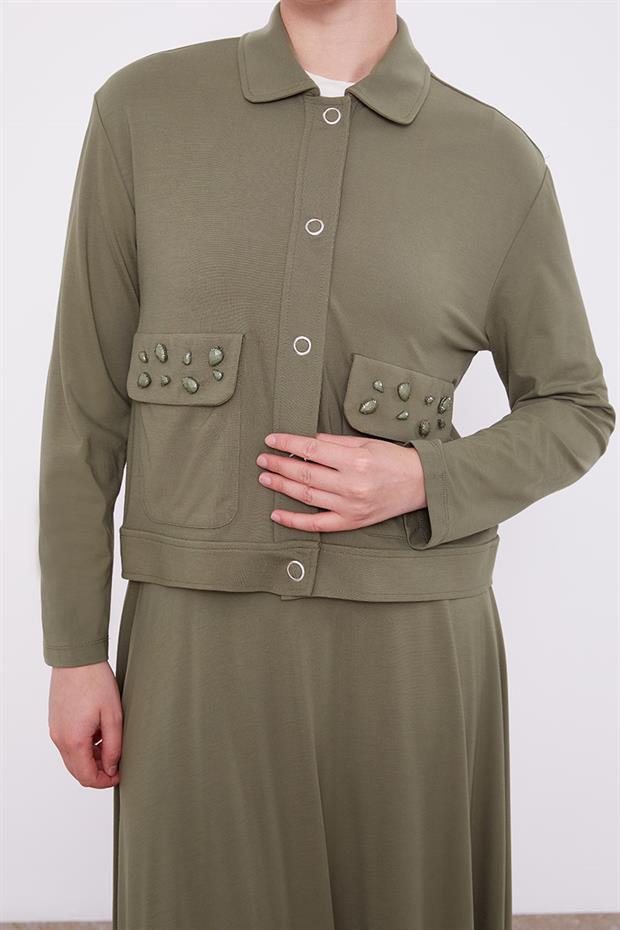 Haki Taş İşleme Kısa Ceketli Etekli Takım