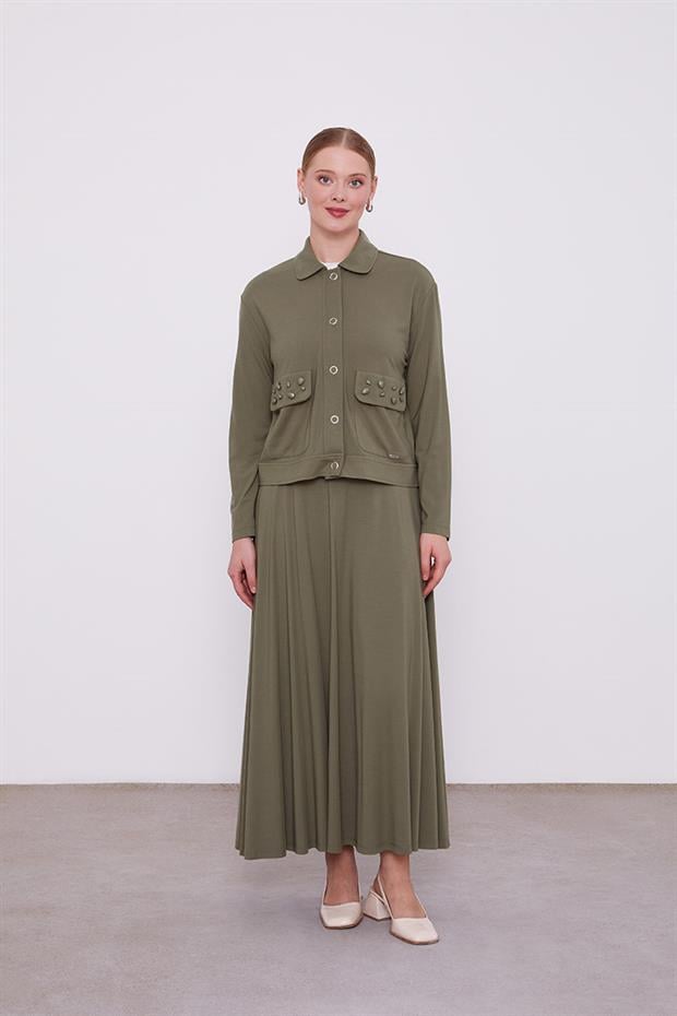 Haki Taş İşleme Kısa Ceketli Etekli Takım
