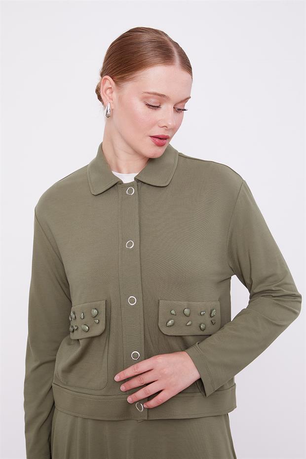 Haki Taş İşleme Kısa Ceketli Etekli Takım