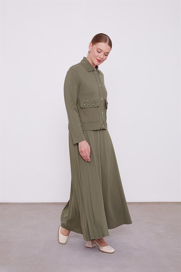 Haki Taş İşleme Kısa Ceketli Etekli Takım