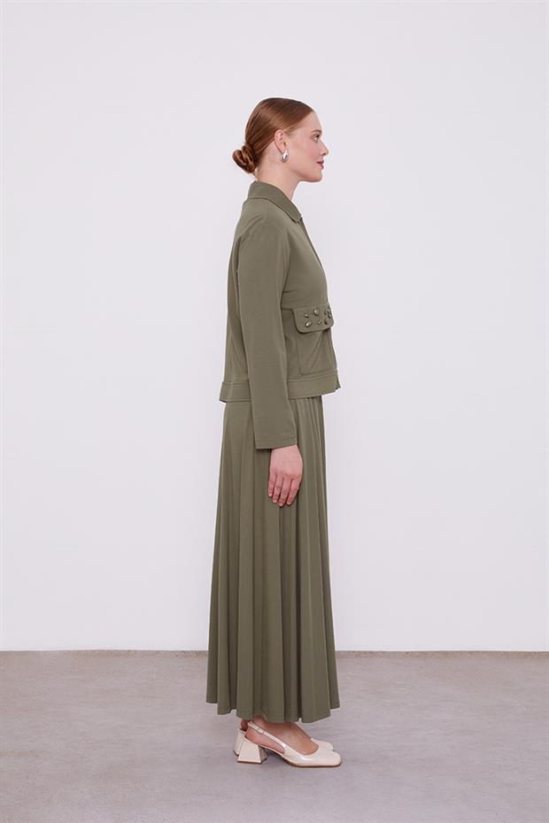Haki Taş İşleme Kısa Ceketli Etekli Takım