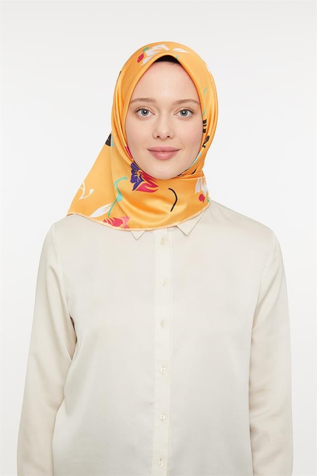Hardal Çiçekli Trend Twill Eşarp