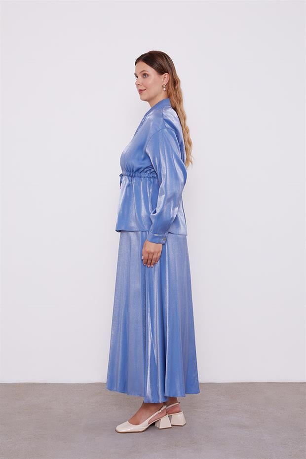 İndigo Beli Büzülebilen Saten Etekli Takım