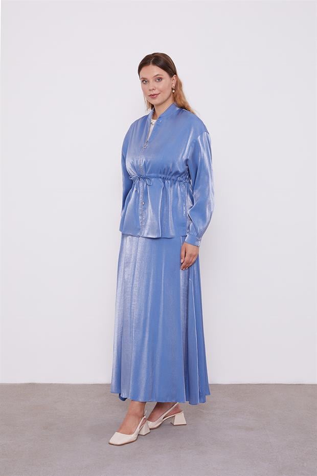 İndigo Beli Büzülebilen Saten Etekli Takım