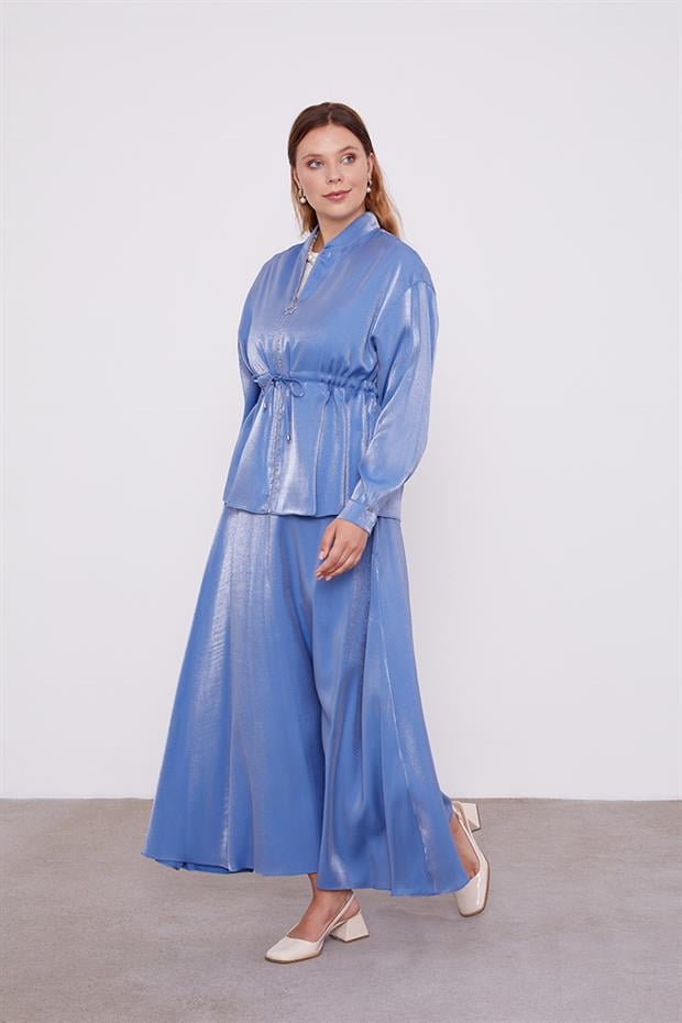 İndigo Beli Büzülebilen Saten Etekli Takım