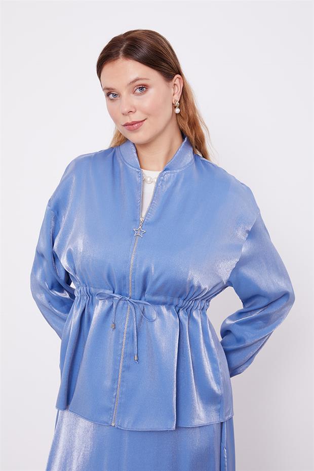 İndigo Beli Büzülebilen Saten Etekli Takım