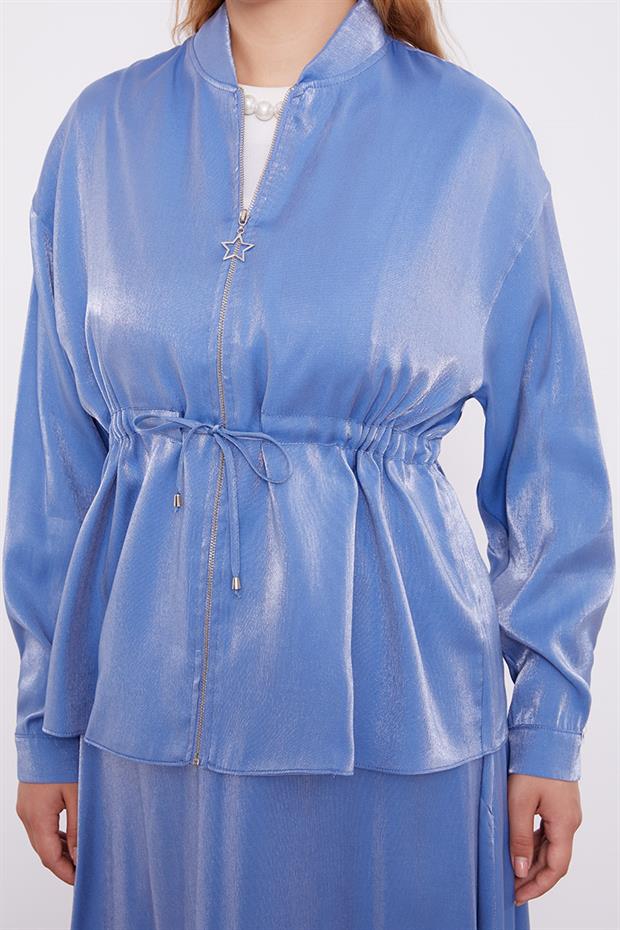 İndigo Beli Büzülebilen Saten Etekli Takım