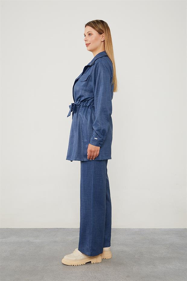 İndigo Yakası Taş İşlemeli Ceket Takım