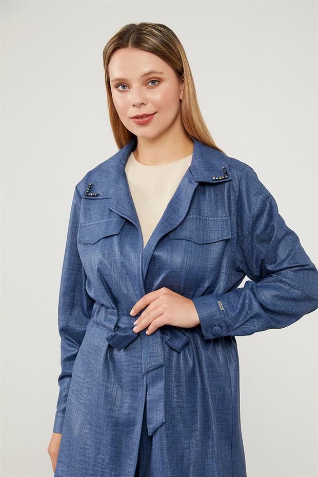 İndigo Yakası Taş İşlemeli Ceket Takım