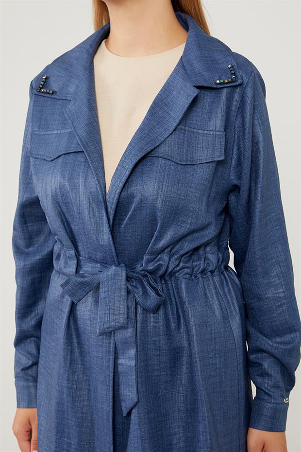 İndigo Yakası Taş İşlemeli Ceket Takım