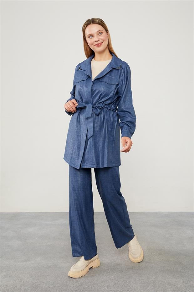 İndigo Yakası Taş İşlemeli Ceket Takım