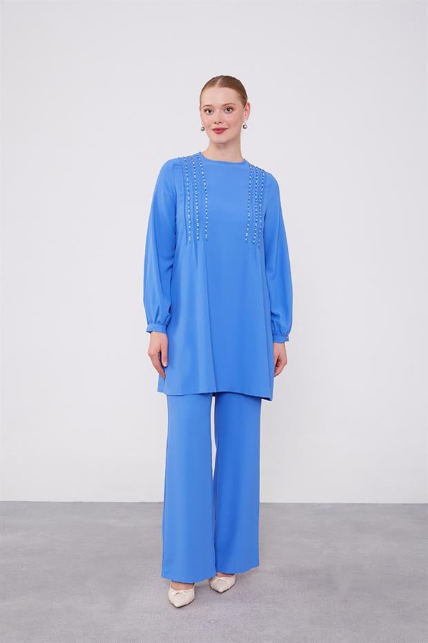 İndigo Boncuk İşlemeli Tunik Takım