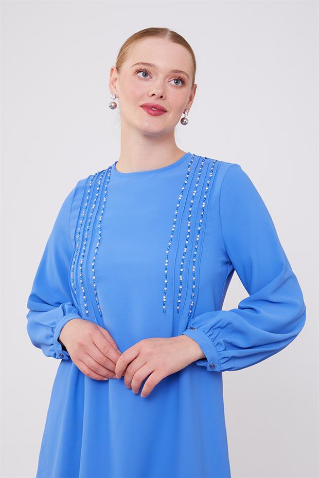 İndigo Boncuk İşlemeli Tunik Takım