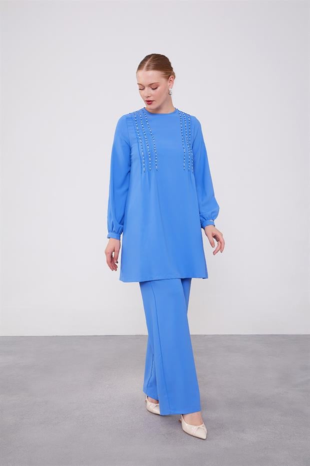 İndigo Boncuk İşlemeli Tunik Takım