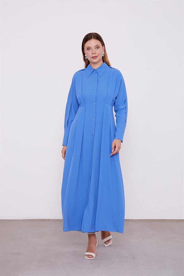 İndigo Gömlek Yaka Belden Oturmalı Elbise