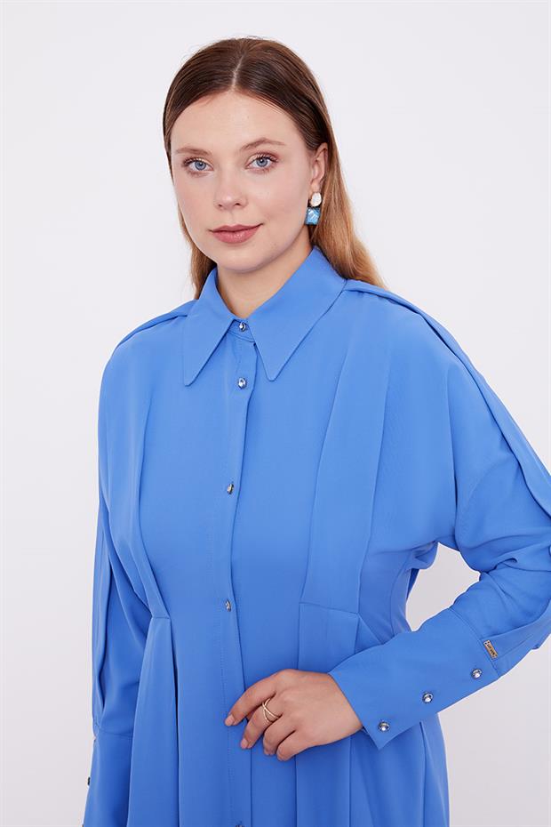 İndigo Gömlek Yaka Belden Oturmalı Elbise