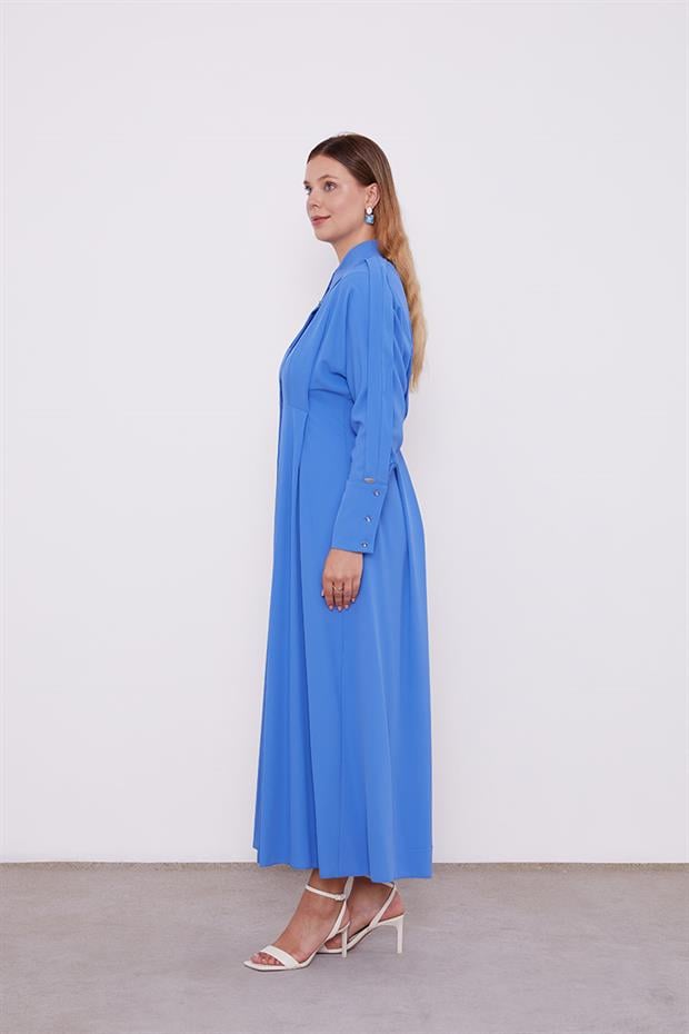 İndigo Gömlek Yaka Belden Oturmalı Elbise