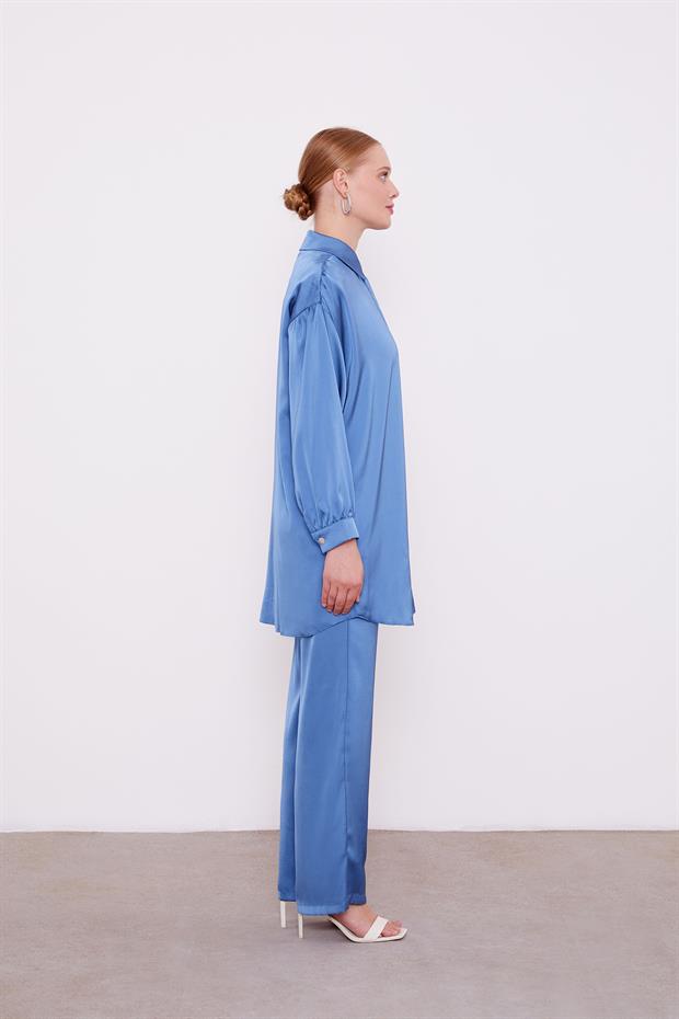 İndigo Gül Broşlu Saten İkili Takım