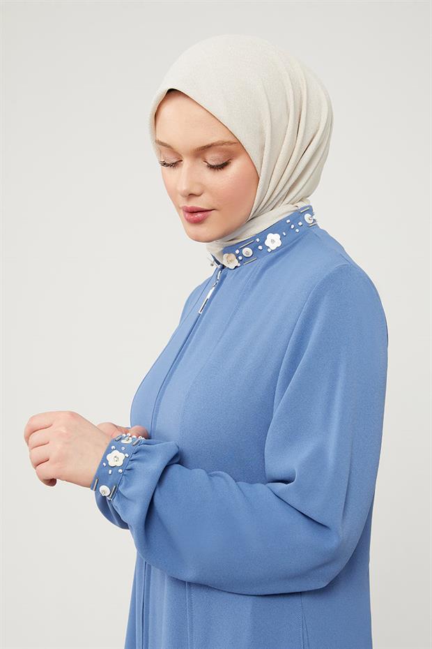 İndigo Yakası İşlemeli Ferace